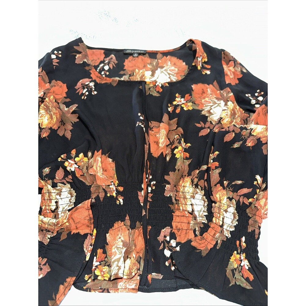 SHINESTAR Women's FLORAL PRINT BLOUSE  Back Ruffle Cuff  Long Sleeve